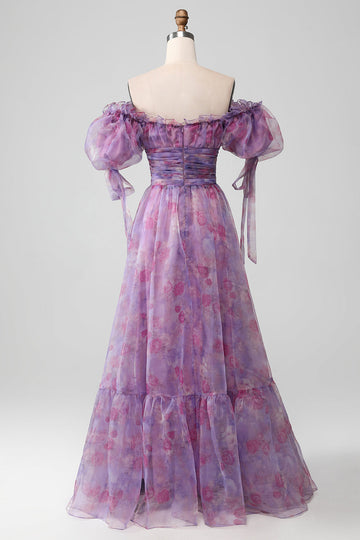 Lilla A Line Print Lace-Up Long Prom Dress With Puff Sleeves
